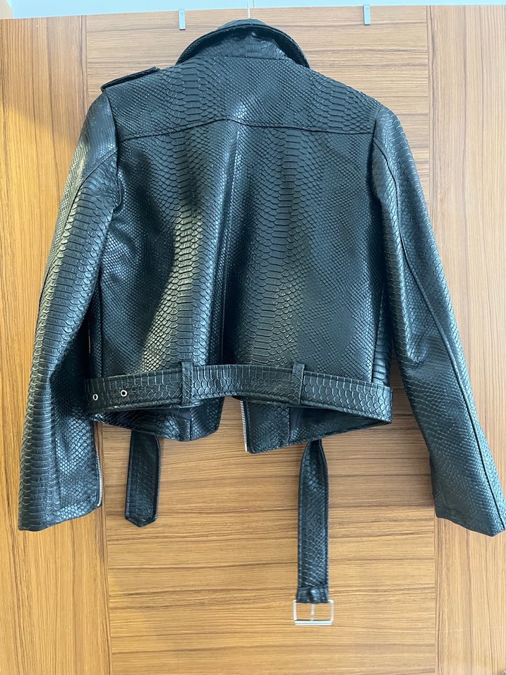 Kadın Siyah Deri Yılan Desenli Biker Ceket - Görsel 2