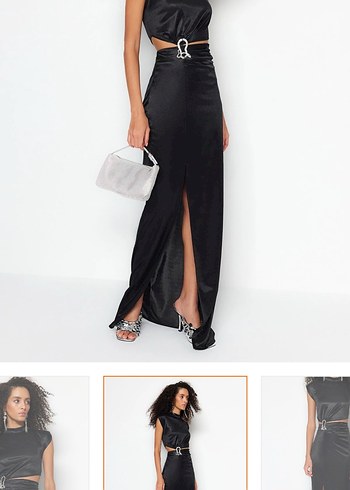 Siyah Parlak Kayışlı Uzun Straplez Elbise - Görsel 3