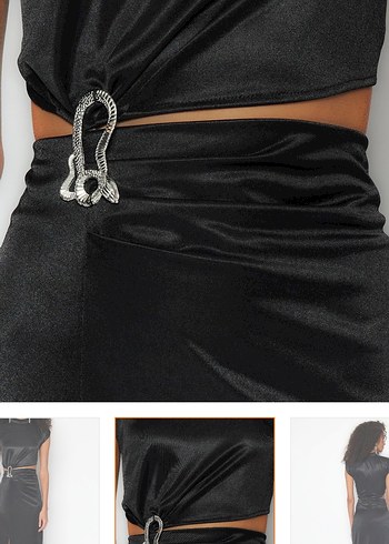 Siyah Parlak Kayışlı Uzun Straplez Elbise - Görsel 2