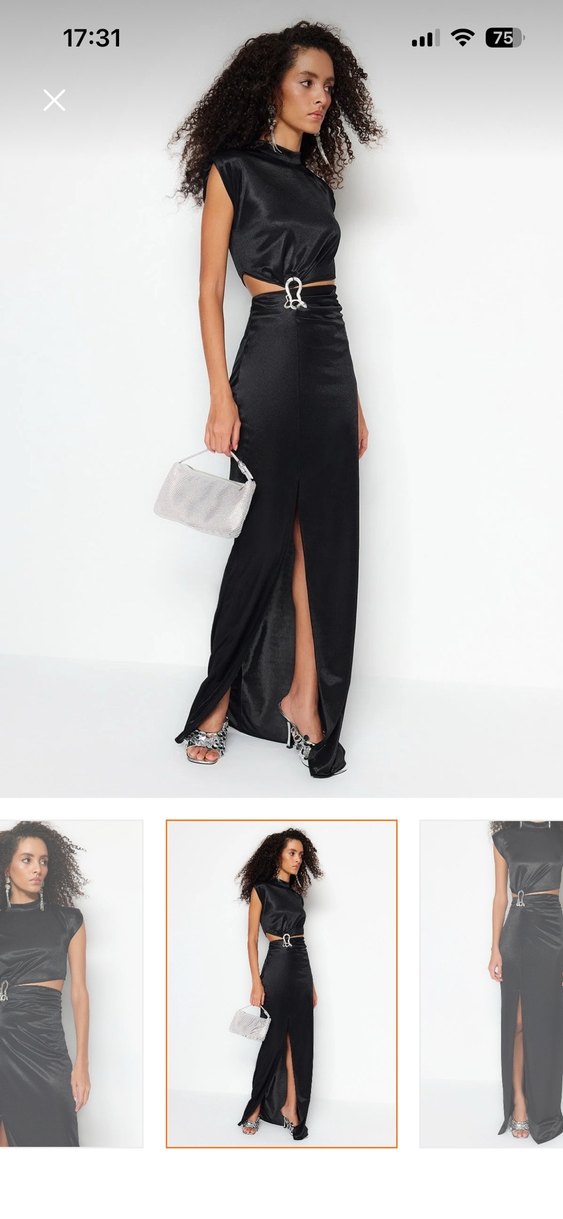 Siyah Parlak Kayışlı Uzun Straplez Elbise - Görsel 3