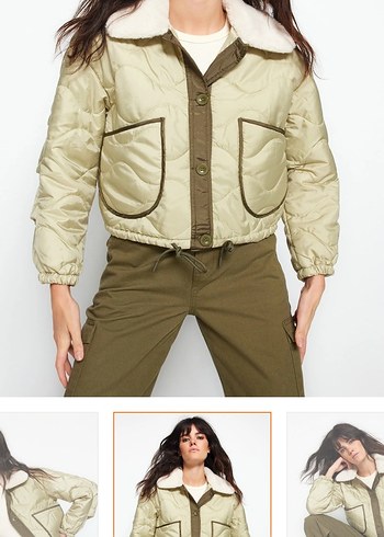 Kadın açık yeşil
 Peluş Yaka Kısa Kışlık Mont - Görsel 2