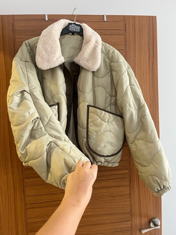 Kadın açık yeşil
 Peluş Yaka Kısa Kışlık Mont - Görsel 5