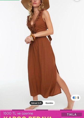 Kahverengi V Yaka Uzun Bohem Elbise - Görsel 5