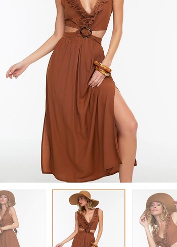 Kahverengi V Yaka Uzun Bohem Elbise - Görsel 3