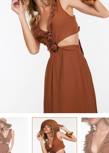 Kahverengi V Yaka Uzun Bohem Elbise - Görsel 2