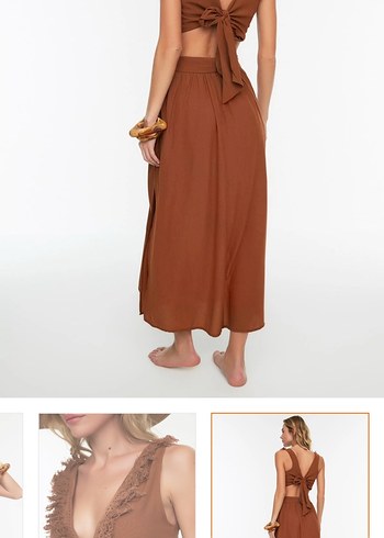 Kahverengi V Yaka Uzun Bohem Elbise - Görsel 4