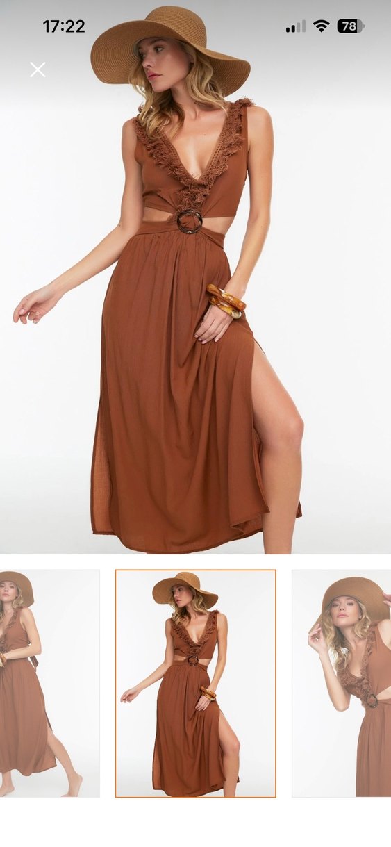 Kahverengi V Yaka Uzun Bohem Elbise - Görsel 3