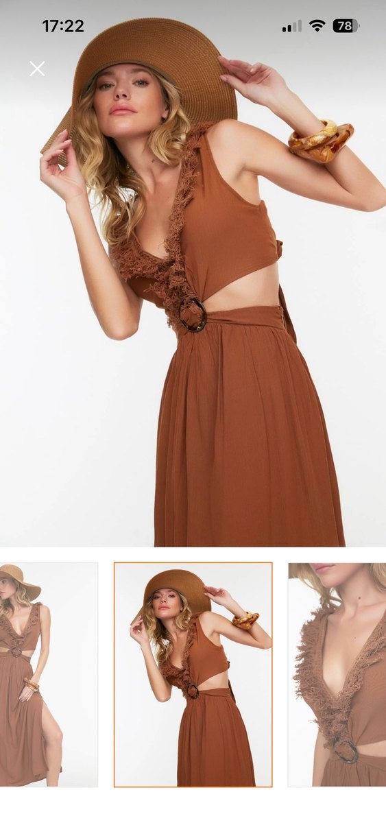 Kahverengi V Yaka Uzun Bohem Elbise - Görsel 2