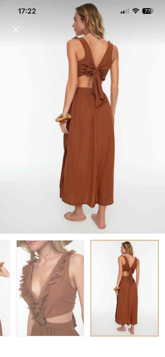 Kahverengi V Yaka Uzun Bohem Elbise - Görsel 4