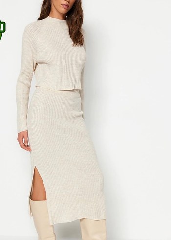 Uzun krem  Triko Kadın alt üst takım - Görsel 3