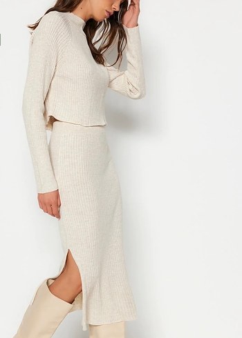 Uzun krem  Triko Kadın alt üst takım - Görsel 2