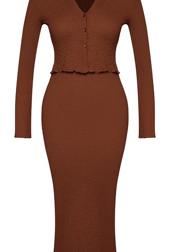 V Yaka Uzun Kollu Kahverengi Keten alt üst takım - Görsel 2