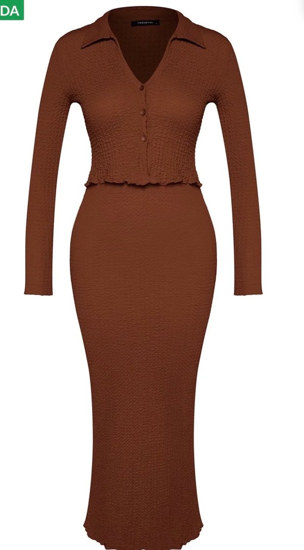 V Yaka Uzun Kollu Kahverengi Keten alt üst takım - Görsel 2