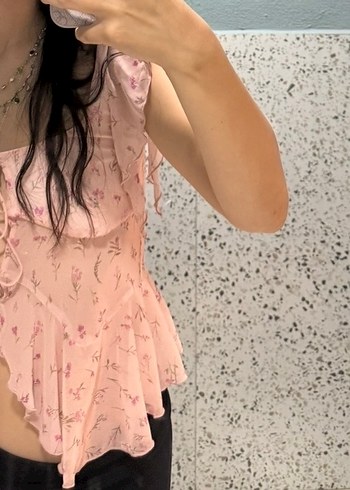 Pembe Fırfırlı Straplez Midi Bluz - Görsel 4