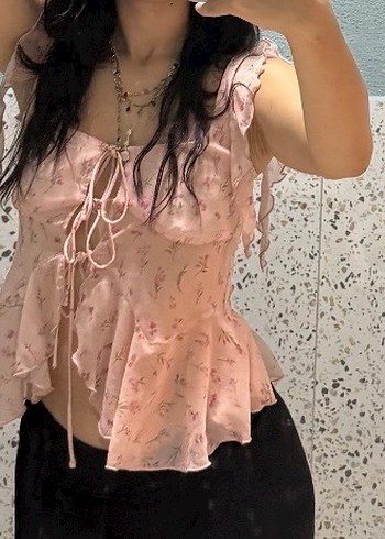 Pembe Fırfırlı Straplez Midi Bluz - Görsel 5