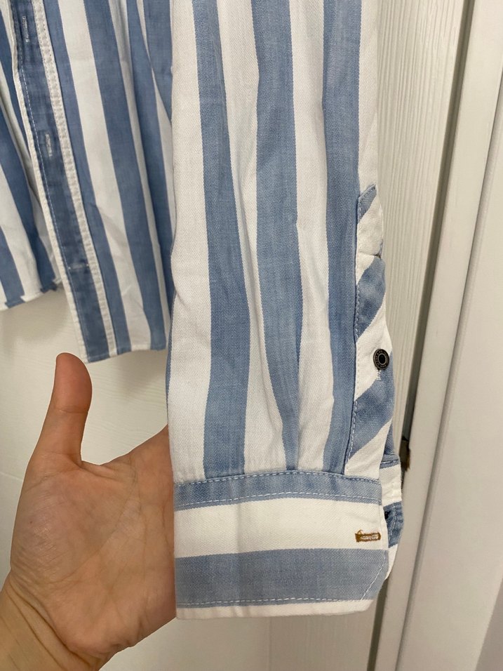 Mavi Beyaz Çizgili Denim erkek Gömlek - Görsel 5