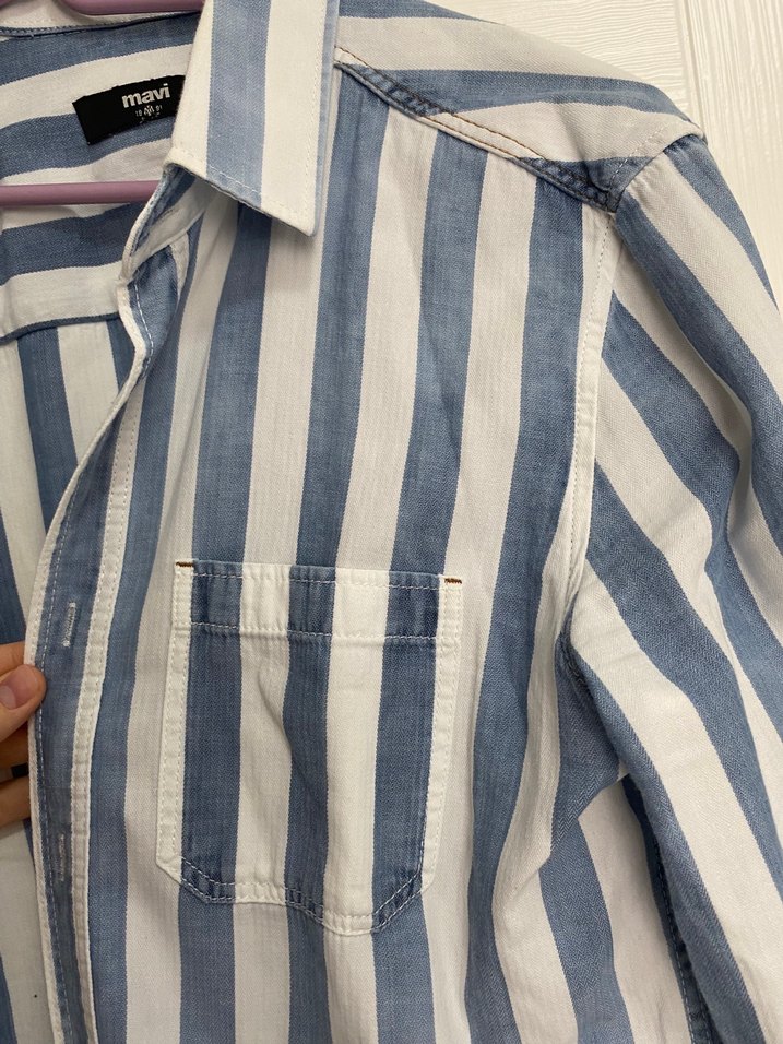 Mavi Beyaz Çizgili Denim erkek Gömlek - Görsel 3