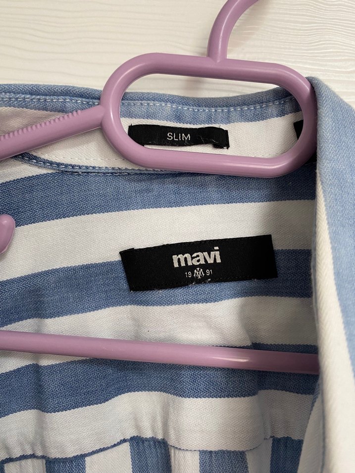 Mavi Beyaz Çizgili Denim erkek Gömlek - Görsel 4