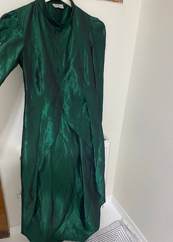 Uzun Drapeli Koyu Yeşil Kadın Elbise - Görsel 4