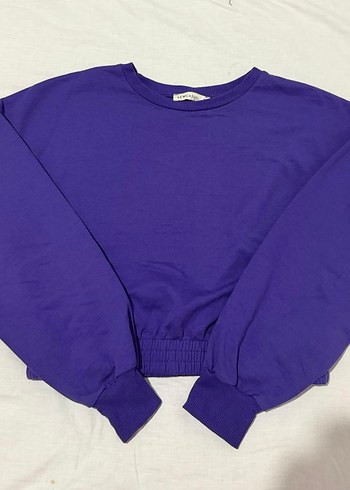 Mor Crop Sweatshirt, Yuvarlak Yaka, Uzun Kollu - Görsel 2