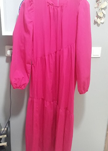 Pembe Uzun Kollu Fırfırlı Kadın Elbise
