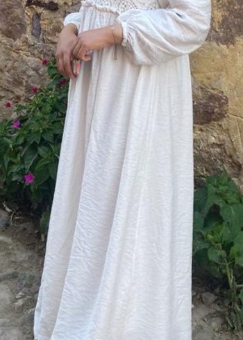 Bohem Beyaz Uzun Keten Elbise - Görsel 2