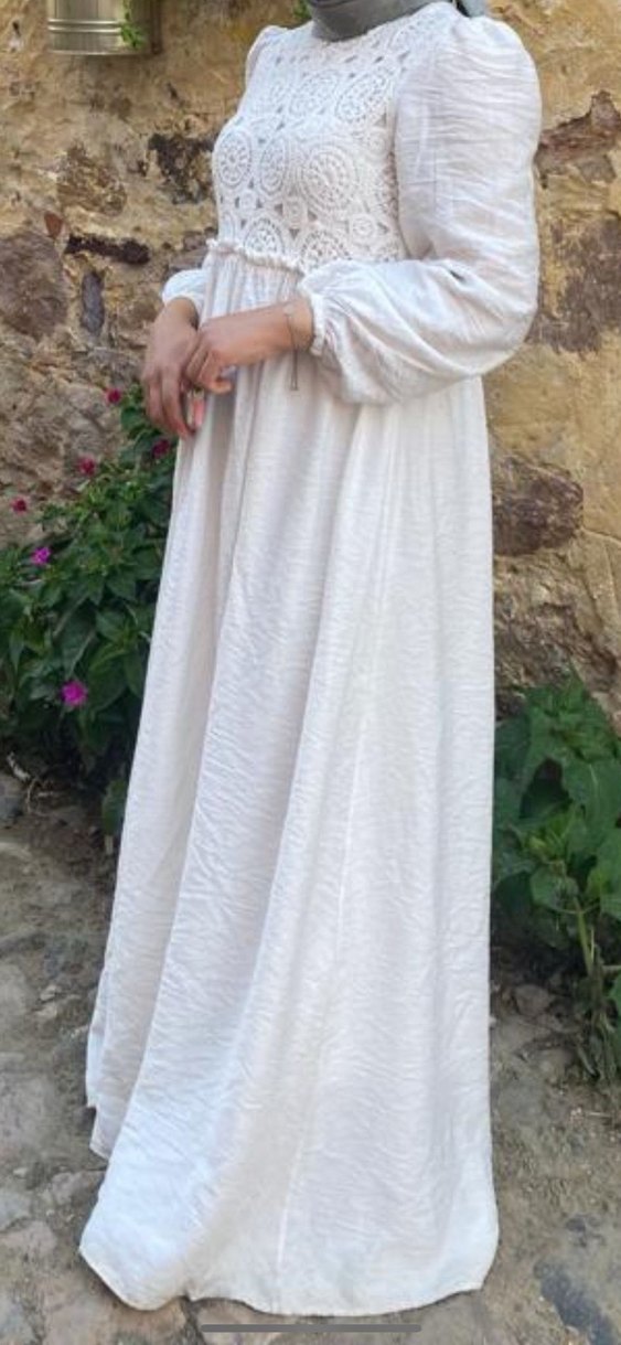 Bohem Beyaz Uzun Keten Elbise - Görsel 2