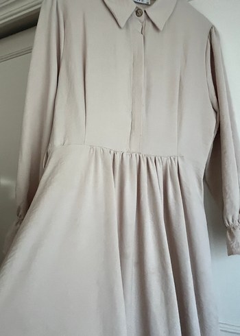 Bej Keten Pilili Uzun Kollu Uzun Elbise - Görsel 2