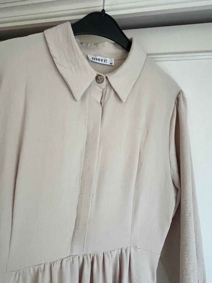 Bej Keten Pilili Uzun Kollu Uzun Elbise - Görsel 3