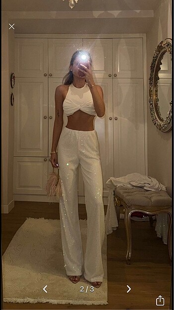Beyaz pul payet pantalon
