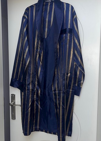 Parlak Çizgili Mavi Uzun Kadın Sabahlık - Görsel 2