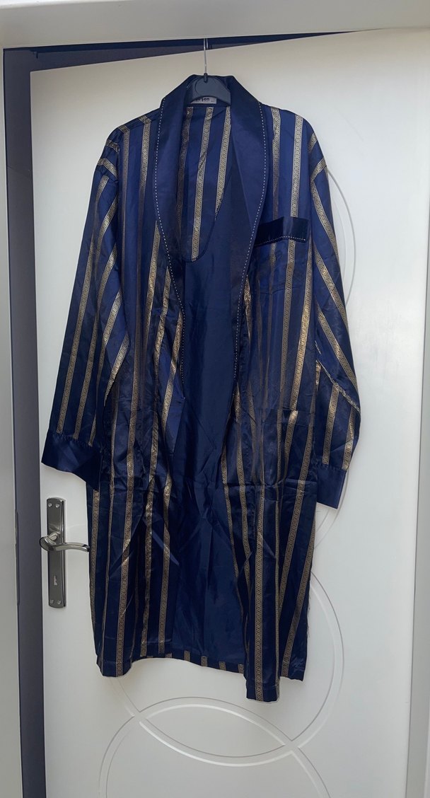 Parlak Çizgili Mavi Uzun Kadın Sabahlık - Görsel 2