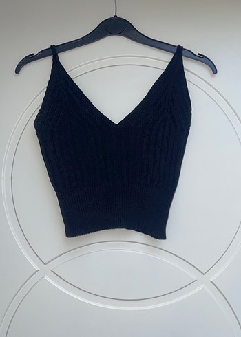 Siyah V Yaka Kadın Örme Crop Top - Görsel 2