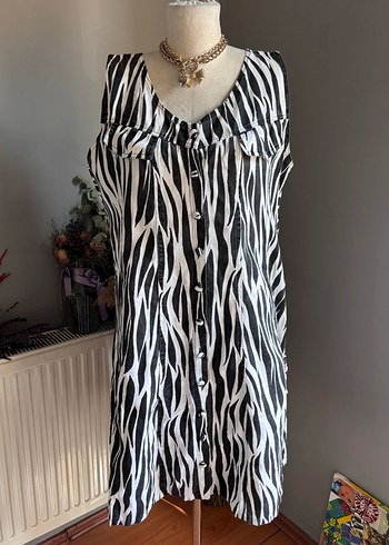 l Beden Zebra Desenli V Yaka Uzun Bohem Elbise