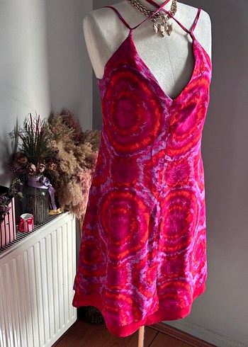 Pembe Tie-Dye Mini Bohem Elbise - Görsel 4