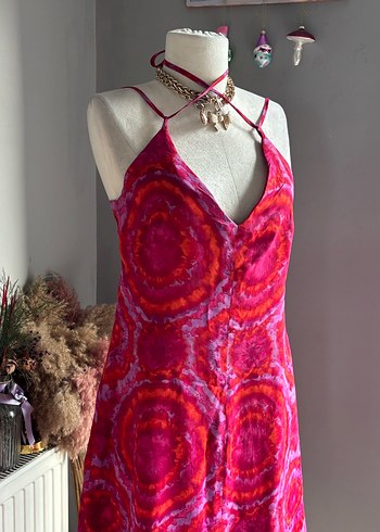 Pembe Tie-Dye Mini Bohem Elbise - Görsel 6