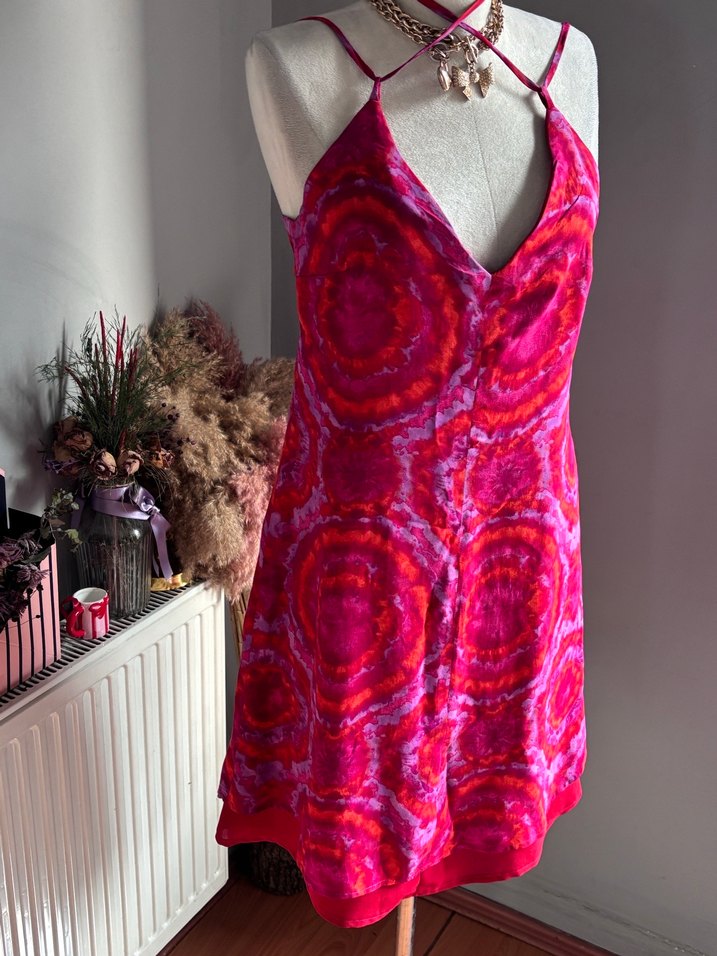 Pembe Tie-Dye Mini Bohem Elbise - Görsel 4