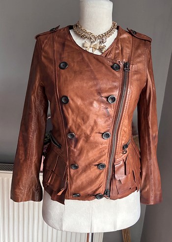 Düğmeli Kahverengi Deri Kadın Ceket - Görsel 3