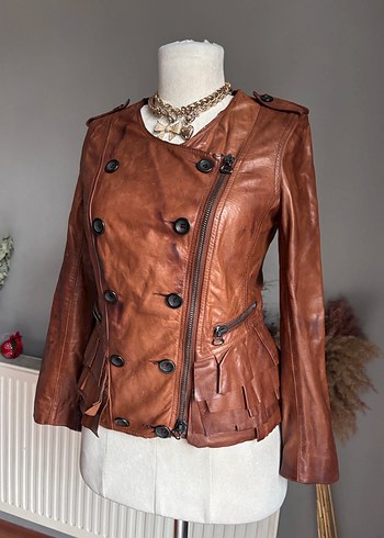 Düğmeli Kahverengi Deri Kadın Ceket - Görsel 2