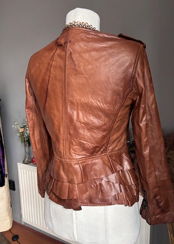 Düğmeli Kahverengi Deri Kadın Ceket - Görsel 9