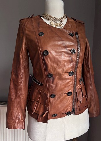 Düğmeli Kahverengi Deri Kadın Ceket - Görsel 10