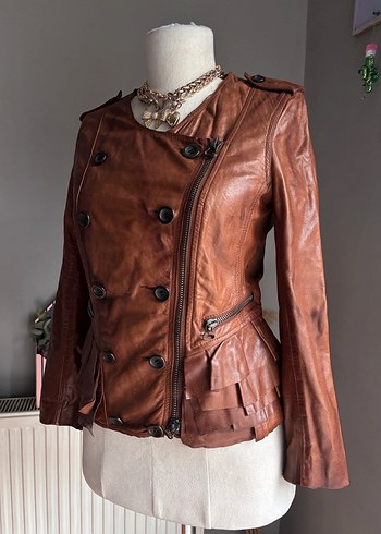 Düğmeli Kahverengi Deri Kadın Ceket - Görsel 4