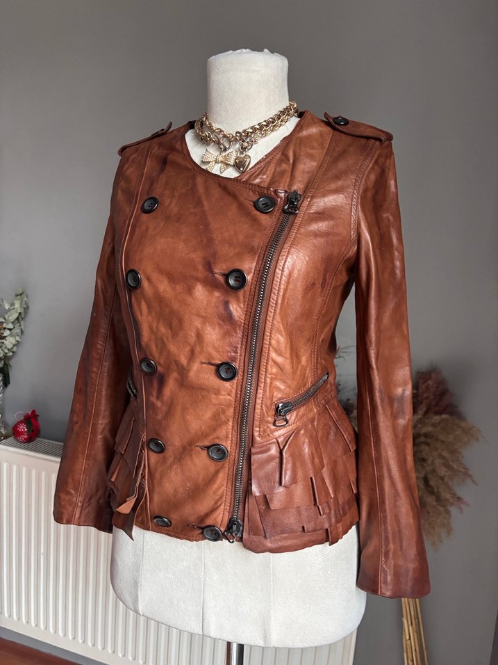 Düğmeli Kahverengi Deri Kadın Ceket - Görsel 2