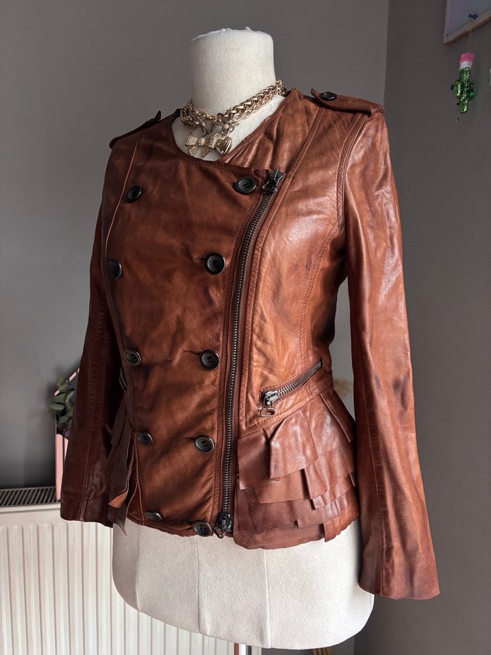 Düğmeli Kahverengi Deri Kadın Ceket - Görsel 4
