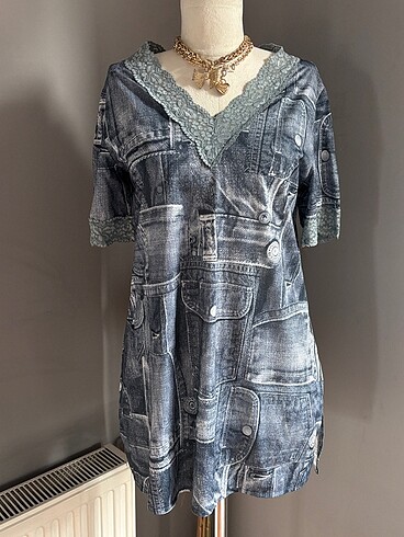 Denim Dantel Elbise