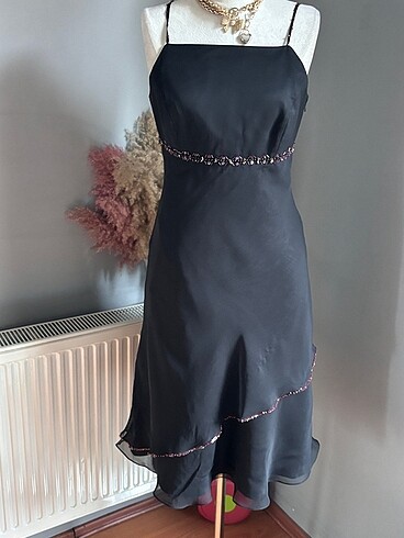 Vintage Siyah Midi Boy Elbise
