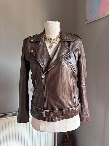 Biker Kahverengi Deri Ceket