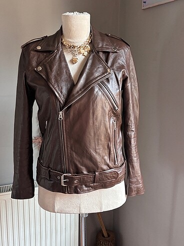 xs Beden Biker Kahverengi Deri Ceket