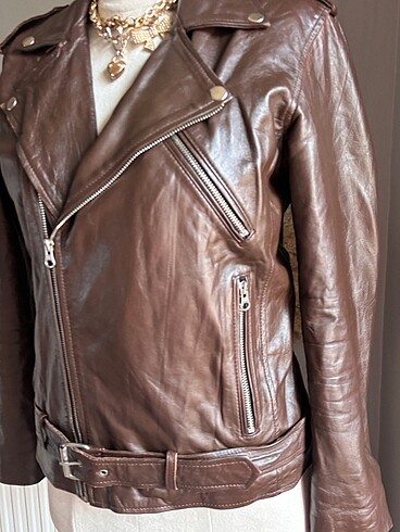 xs Beden kahverengi Renk Biker Kahverengi Deri Ceket