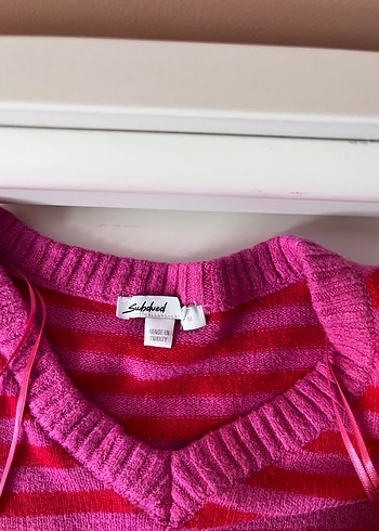 Pembe Çizgili V Yakalı Triko Kadın Kazak - Görsel 3